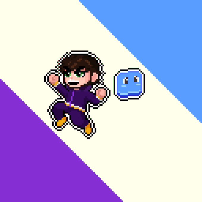 A pixel art illustration shows a brown-haired character in a purple outfit posed next to a small blue cube character, set against a diagonally split cream, blue, and purple background.