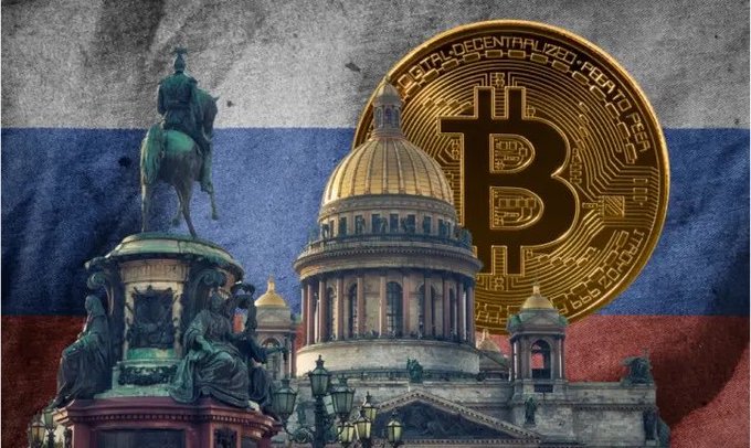 A composite image showing a Bitcoin gold coin overlaid on the Russian flag, with a Russian equestrian statue and cathedral in the foreground.