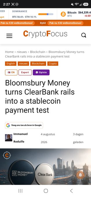 The screenshot shows a CryptoFocus article titled "Bloomsbury Money turns ClearBank rails into a stablecoin payment test," published August 4, 2026 by Immanuel Rodulfo, with an image featuring the Bloomsbury Money and ClearBank logos. This relates directly to the post about $DEFX (Bloomsbury Money), as the article covers Bloomsbury Money's initiative to use ClearBank's banking infrastructure for stablecoin payment testing.