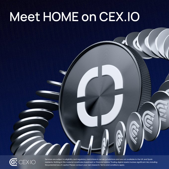 The image features a stack of silver coins with a white logo on them. The text "Meet Home on CEX-IO!" is displayed above the coins, indicating that this is an advertisement for a cryptocurrency exchange called CEX-IO. The coins are arranged in a circular pattern and appear to be in good condition. The post also mentions that the coins are self-custodial and can be used as a form of payment on the platform.