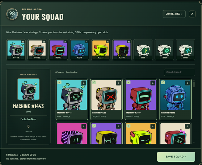 A 'YOUR SQUAD' interface for 'SESSION ALPHA' displaying a collection of nine digital 'Machine' characters, with details for Machine #1443 named 'Love' shown on the left.