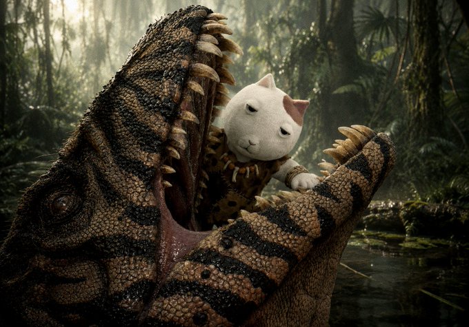 A white stuffed cat wearing a leopard-print outfit is caught in the jaws of a large, menacing dinosaur in a lush jungle setting. The image playfully illustrates the post's message about the unexpected, "viral" impact the $Ket memecoin project is about to unleash on a market not yet prepared for it.