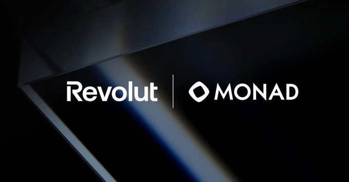 The image features a logo for Revolut, which is a bank that has recently launched its cryptocurrency offerings. The logo consists of two white letters "Revolut" positioned above each other with a small circle below them. Below this logo, there are three lines of text in black color, reading "revolut' got some monad to grab go to revolut", which is likely an advertisement for Revolut's cryptocurrency offerings.

The image also includes the words "MONAD" and "revolut" written below the logo, possibly indicating that Revolut has joined forces with Monad to create a new financial service or product.