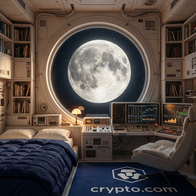 A cozy, tech-equipped space cabin bedroom features a large circular window framing a glowing full moon, with a bed, bookshelves, and cryptocurrency trading monitors on a desk, all set on a navy rug displaying the white "crypto.com" logo. The image visually reinforces the post's message by framing lunar ambition and financial monitoring through a window—symbolizing how keeping one's crypto goals in constant view brings clarity and restful focus, even from a distant vantage point.