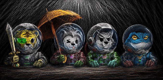 "The rocket is built faster when working together. $ADA". This phrase is likely a reference to the famous quote by the American astronaut Neil Armstrong, who said that he would rather live on Mars than Venus because of the longer duration of his stay on Earth. The image features four cartoon characters wearing spacesuits and holding umbrellas in front of them, with the caption "The rocket is built faster when working together". This phrase could be interpreted as a metaphor for teamwork or collaboration, which can lead to more efficient and successful outcomes.