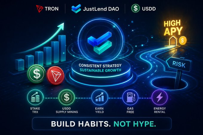 The image is a promotional graphic for TRON, JustLend DAO, and USDD, featuring a central "Consistent Strategy, Sustainable Growth" pillar surrounded by icons for Stake TRX, USDD Supply Mining, Earn Yield, Gas Free, and Energy Rental, with "HIGH APY" and "RISK" signs highlighting the ecosystem's benefits. The caption at the bottom reads "BUILD HABITS. NOT HYPE." The image visually reinforces the post's message about JustLend DAO's Supply & Borrow Market V2 being a scalable foundation for sustainable lending growth within the TRON ecosystem.