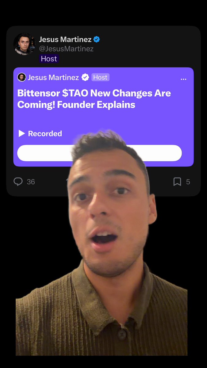 The image shows a man with short hair wearing a brown shirt, looking at the camera while talking into a microphone. He appears to be engaged in a conversation or presentation related to the $TAO changes coming soon. The background of the image is black, which makes the man and his surroundings stand out more prominently.
