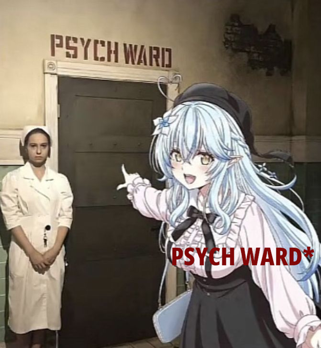 An anime girl with silver hair excitedly points at a "PSCH WARD" door while a nurse stands stoically nearby, with the words "PSYCH WARD*" overlaid on the image. The meme humorously suggests the poster fears being sent to a psychiatric facility for being too efficient and threatening to make coworkers look obsolete through automation.