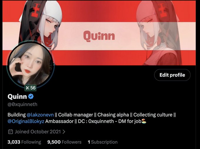 A Twitter/X profile for "Quinn" (@0xquinneth), a Collaboration Manager for @Iakzonevn and @OriginalBlokyz Ambassador, displaying anime-style artwork as the banner and 9,500 followers—matching the milestone celebrated in the accompanying post.
