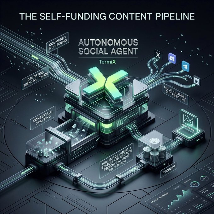 A futuristic 3D graphic titled 'THE SELF-FUNDING CONTENT PIPELINE' featuring an 'AUTONOMOUS SOCIAL AGENT' named TermiX, showing components like community monitoring, contextual drafting, and multi-channel distribution.