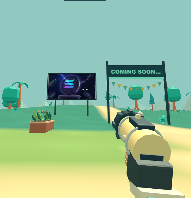 A first-person view of a low-poly video game showing a cartoonish gun pointed toward a 'COMING SOON...' archway and a billboard featuring the Solana logo.