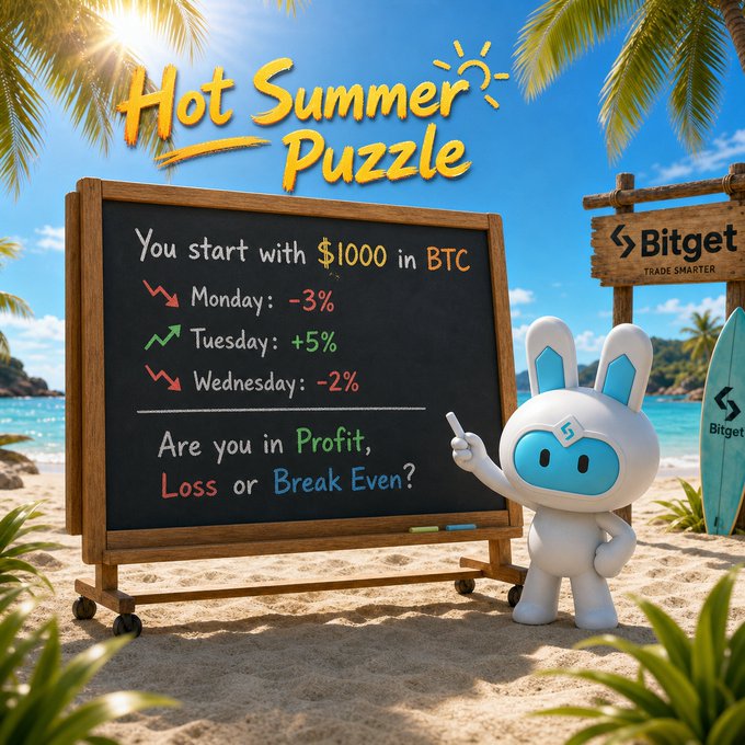 A Bitget-branded "Hot Summer Puzzle" graphic shows a bunny mascot pointing to a chalkboard on a beach, displaying "You start with $1000 in BTC" with Monday -3%, Tuesday +5%, and Wednesday -2%, asking viewers whether the outcome is a profit, loss, or break-even, tying directly into the post's summer crypto math challenge.