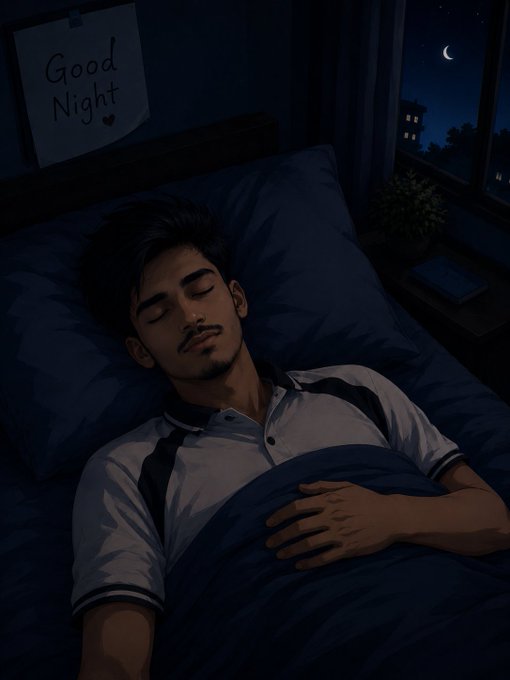 Dark-toned illustration of a young man peacefully sleeping in bed under moonlight, with a handwritten 'Good Night' note pinned to the wall above him.