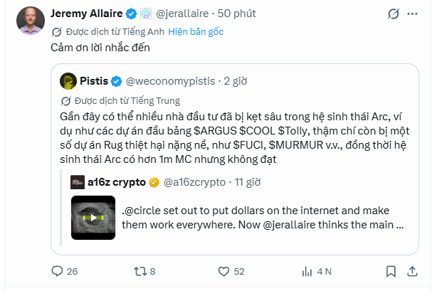 A Twitter post by Jeremy Allaire (@jerallaire) sharing a translated quote from Pistis (@weconomypistis) discussing $ARGUS, $COOL, $TOLly, $FUCI, and $MURMUR, referencing the Arc ecosystem.