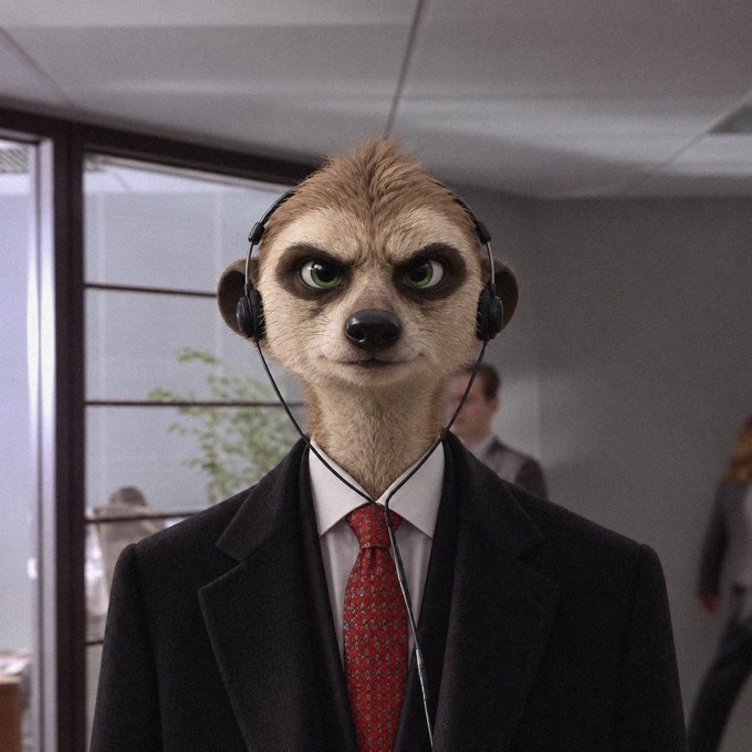 An AI-generated image of a meerkat wearing a black suit, white shirt, red tie, and headphones, standing in an office setting.