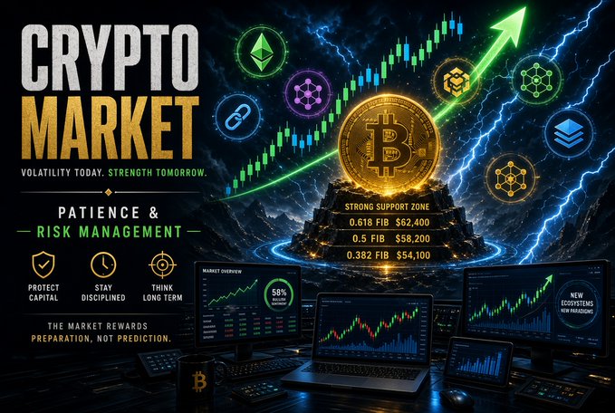 A crypto market promotional graphic with the text 'CRYPTO MARKET,' 'VOLATILITY TODAY. STRENGTH TOMORROW,' and 'PATIENCE & RISK MANAGEMENT,' featuring Bitcoin and various crypto logos over a candlestick chart.