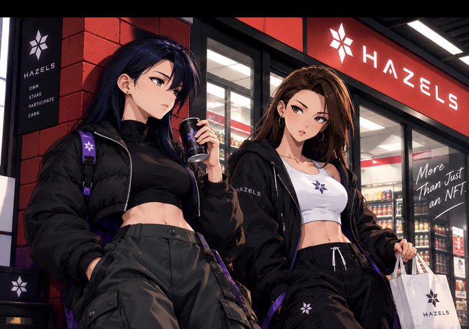 Anime-style artwork of two women outside a 'HAZELS' store, with signage reading 'OWN STAKE PARTICIPATE EARN' and 'More Than Just an NFT'.