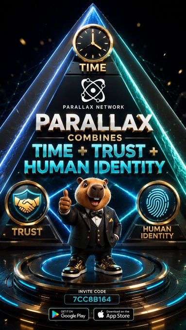 A promotional poster for "Parallax Network" features a cartoon beaver in a suit surrounded by a triangle, with the tagline "COMBINES TIME + TRUST + HUMAN IDENTITY" and an invite code "7CC8B164".