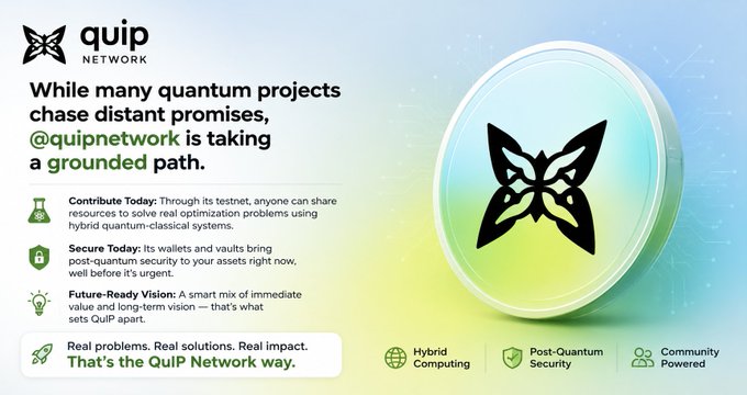 A promotional graphic for "quip NETWORK" featuring a butterfly logo, with text highlighting their focus on hybrid quantum-classical computing, post-quantum security, and community-powered contributions.
