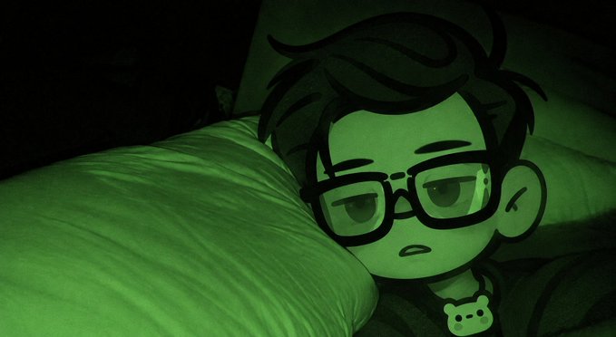 Digital illustration in a green night-vision style depicting a cartoon character with glasses and dark hair lying on a pillow, looking tired or dazed.