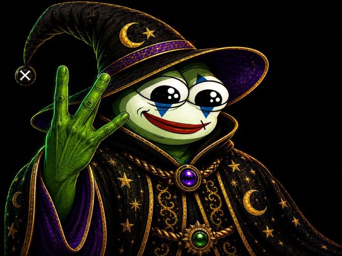 A whimsical wizard character wearing a starry black hat and robe holds up three fingers while grinning, symbolizing the meme creator "showing the way" to discounted XRP meme coin purchases. The image's sorcerer theme playfully reinforces the post's pitch that these listed meme tokens are bargain-basement "fire-sale" buys.
