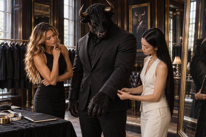 A surreal image of a large humanoid bison figure in a black suit being fitted by two women inside an elegant tailor shop with dark wood paneling and mirrors.