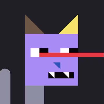 A simple digital drawing of a purple blocky character with cat ears and sharp teeth, featuring a red laser beam shooting horizontally across its face.