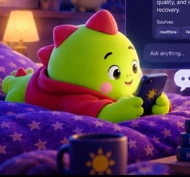 A 3D rendered green dinosaur character in a red hoodie lying on a purple blanket with stars, using a smartphone, with a chat interface visible on the right side.