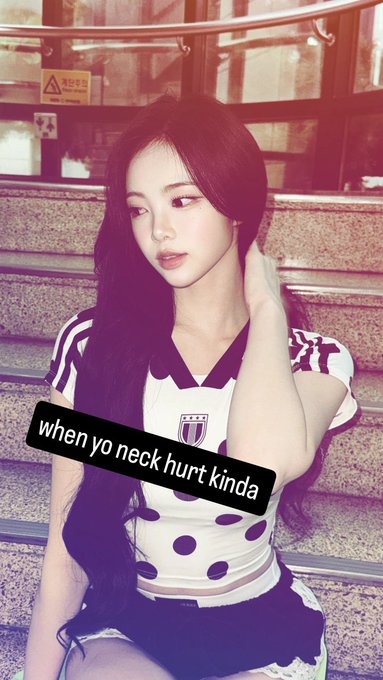 A young woman with long dark hair wearing a white and black polka dot crop top sits on stairs with a pink-purple color filter overlay, while a text box reads "when yo neck hurt kinda."