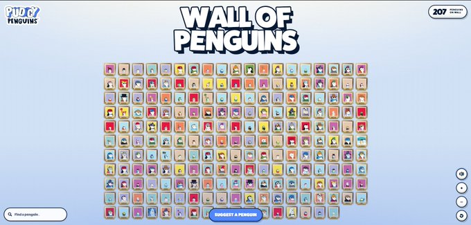 A webpage titled 'WALL OF PENGUINS' from Pudgy Penguins displays a large grid of colorful penguin NFT avatars with a button to 'SUGGEST A PENGUIN' and a counter showing 207.