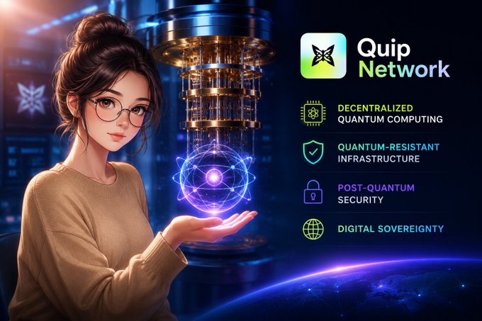 An anime-style illustration of a woman with glasses holding a glowing quantum orb, promoting 'Quip Network' with features including decentralized quantum computing, quantum-resistant infrastructure, post-quantum security, and digital sovereignty.