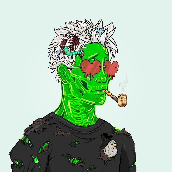 An illustration of a green-skinned zombie character with white hair, heart-shaped sunglasses, and a smoking pipe, wearing a torn black shirt featuring a small bird.