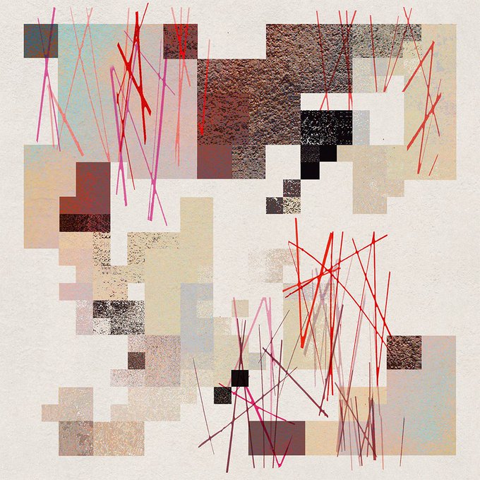 An abstract digital artwork featuring pixelated squares in beige, brown, and blue tones overlaid with energetic, scribbled lines in red, pink, and dark maroon.