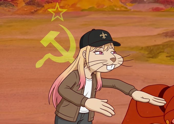 An animated character with pink-tipped hair, a black cap, and animal-like features reaching forward, with a yellow hammer and sickle symbol and a star in the background.