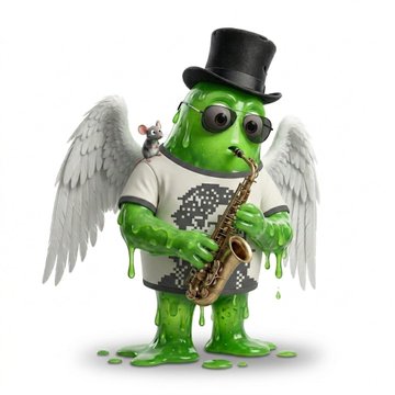 A whimsical 3D-rendered figure of a green, dripping creature wearing a top hat, sunglasses, and angel wings, playing a saxophone while wearing a patterned t-shirt.