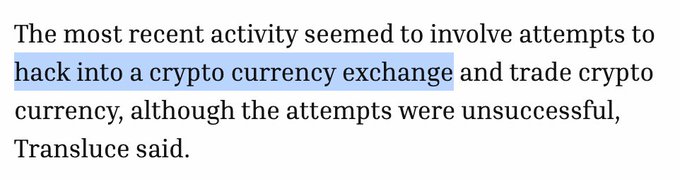 A news excerpt highlighted in blue reads: 'The most recent activity seemed to involve attempts to hack into a crypto currency exchange and trade crypto currency, although the attempts were unsuccessful, Translucent said.'
