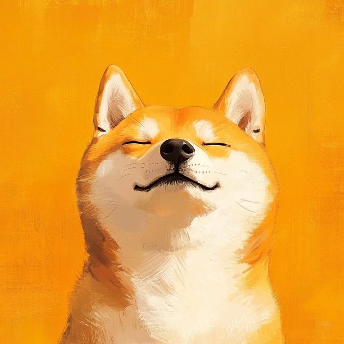 Digital illustration/painting of a smiling Shiba Inu dog with eyes closed against a solid orange/yellow background.