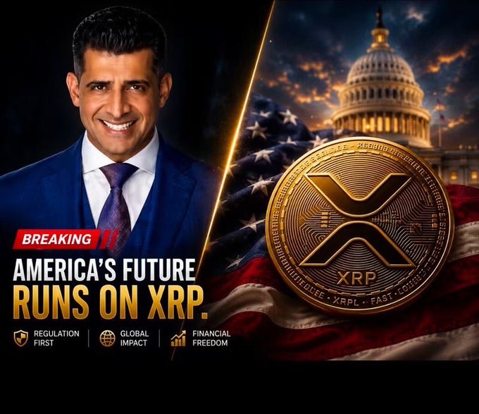 A promotional graphic featuring a smiling man in a blue suit next to an XRP coin, with text reading 'BREAKING: AMERICA'S FUTURE RUNS ON XRP.' alongside U.S. Capitol imagery.