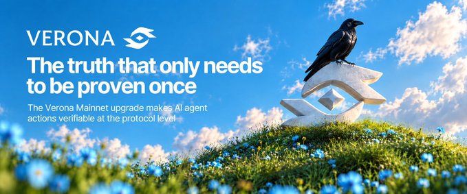 A bright banner titled 'VERONA' with the tagline 'The truth that only needs to be proven once' and subtext 'The Verona Mainnet upgrade makes AI agent actions verifiable at the protocol level,' featuring a black bird perched on a geometric sculpture in a meadow.
