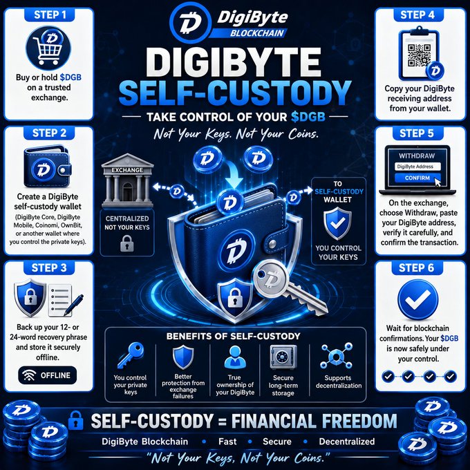A DigiByte Blockchain infographic titled 'DIGIBYTE SELF-CUSTODY' outlining a 6-step process to transfer $DGB from a centralized exchange to a self-custody wallet, emphasizing the motto 'Not Your Keys, Not Your Coins.'