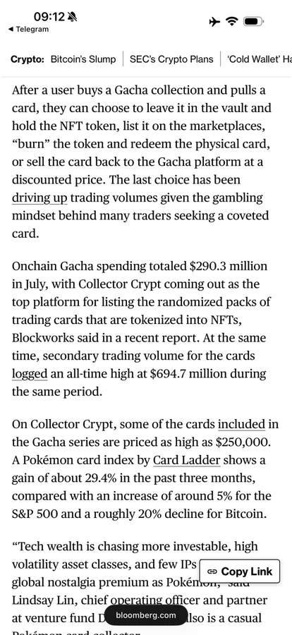 A Bloomberg article about Gacha NFT cards, mentioning Onchain Gacha spending of $290.3 million, Collector Crypt as the top platform, and Pokemon card index gains of 29.4%.