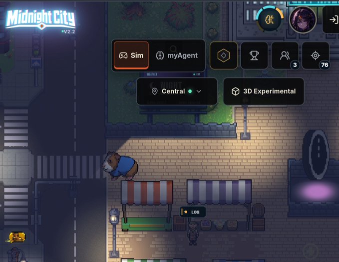 The image shows a screenshot from "Midnight City v2.2," a game interface featuring a top-down pixel art street view with UI elements like "Sim," "myAgent," "Central," and "3D Experimental" options. It supports the post by showcasing a giant guinea pig character—a large brown rodent in a blue shirt—standing on the cobblestone street alongside a small human figure, visually confirming the giant guinea pig feature.