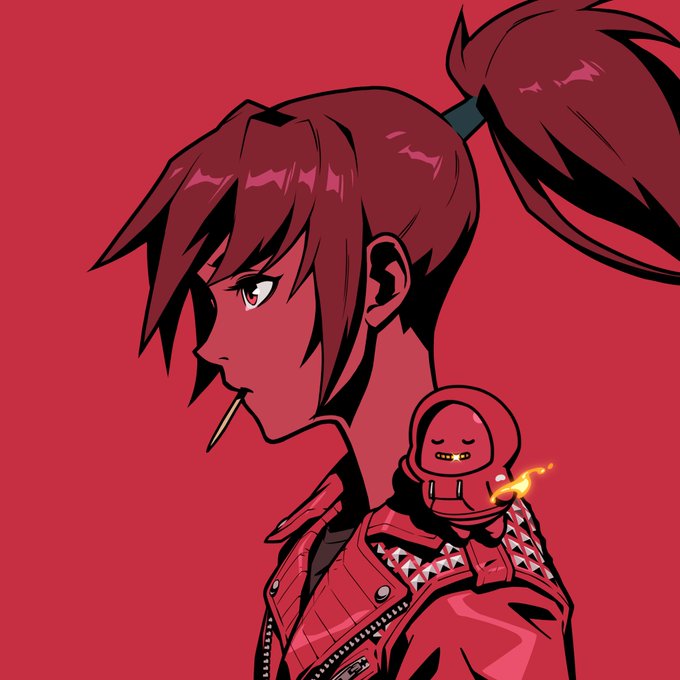 The image shows an anime-style illustration with a red color palette, featuring a dark-haired girl in profile with a ponytail, smoking a cigarette, and wearing a spiked jacket with a small hooded creature smiling on her shoulder while holding a flame. This matches the "#newprofilepicture" post, as the user appears to have purchased this character illustration from artist @boredhefner to use as their new profile picture.