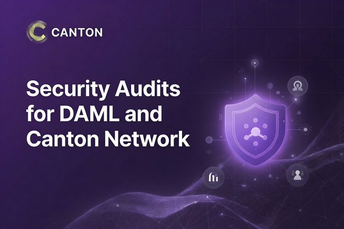 A promotional graphic with a purple background displaying the Canton Network logo and the text 'Security Audits for DAML and Canton Network' next to a shield icon.