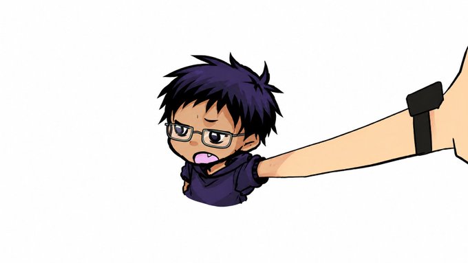 A chibi-style cartoon character with dark purple hair, glasses, and an anxious expression is being pulled by the back of their dark blue hoodie by an unseen figure.