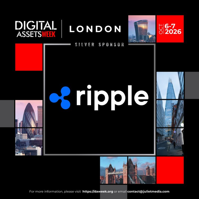 The image is a promotional graphic announcing Ripple as a Silver Sponsor for Digital Assets Week London 2026, featuring the Ripple logo prominently in the center, with event details "Oct 6-7, 2026" in the top right corner and London skyline imagery—including 20 Fenchurch Street (the "Walkie Talkie") and Tower Bridge—framing the design. The bottom provides contact information at daweek.org and contact@julietmedia.com.