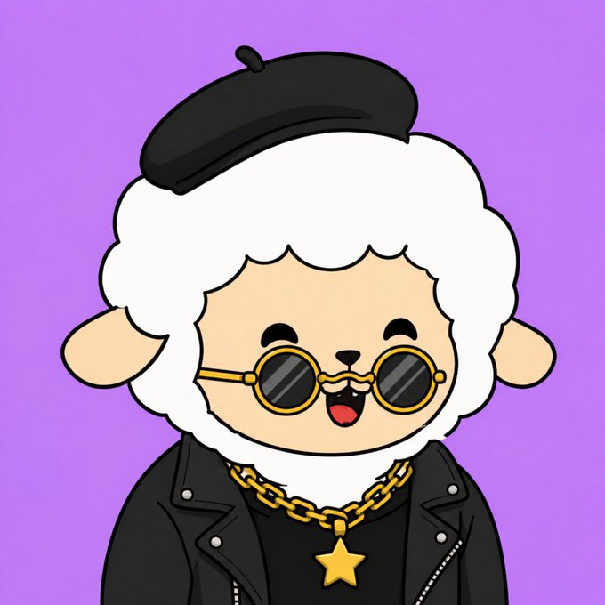A cartoon illustration of a white fluffy sheep character wearing a black beret, round sunglasses, a gold chain with a star pendant, and a black leather jacket against a purple background.