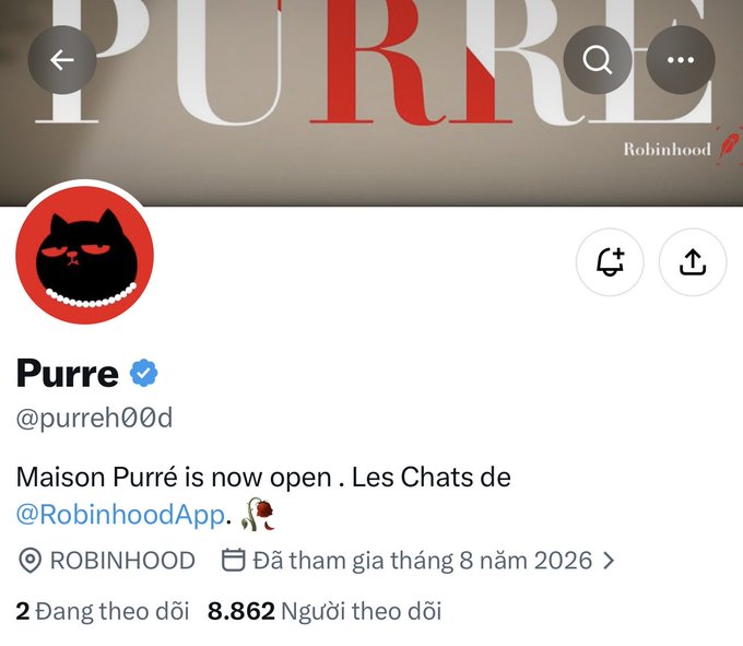 The image shows a Twitter/X profile for "Purre" (@purreh00d), a verified account with 8,862 followers located at Robinhood, announcing "Maison Purré is now open. Les Chats de @RobinhoodApp." The profile features a black cat avatar with a pearl necklace, aligning with the accompanying post's mention of a free mint for "Paris Inspired Cats" with 3,434 Purré tokens.