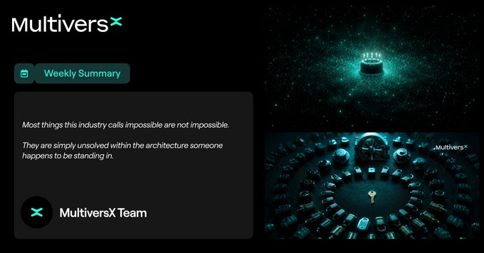 A promotional graphic for MultiversX's Weekly Summary features the brand logo and a quote about solving industry "impossible" challenges, accompanied by two cyan-tinted images showing a figure with candles and a person in a circular ring, tying into the post's celebration of MultiversX's sixth Mainnet anniversary and recent technical milestones.