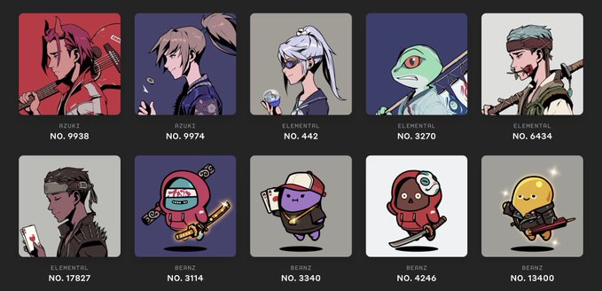 A collection of character profile avatars labeled with NFT numbers and categories like 'Elemental,' 'Rizuki,' and 'Beinz,' featuring anime-style illustrations.